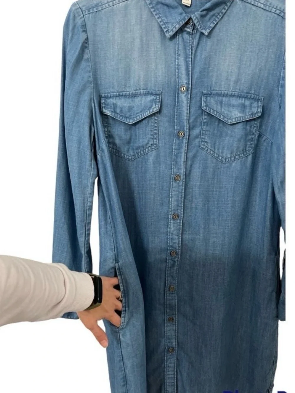 Beach Lunch Lounge Chambray Shirt Dress Blue Size S Long Sleeve Pocket Casual - Picture 4 of 6